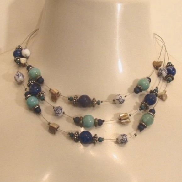 Layered Glass Genuine Stones MOP Stainless Steel Floating Necklace - Picture 2 of 12